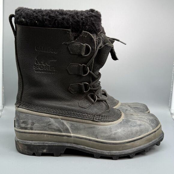 Sorel Caribou Men's 13 Black Leather Waterproof Boot Lace-Up Round Toe Outdoor - Picture 1 of 10